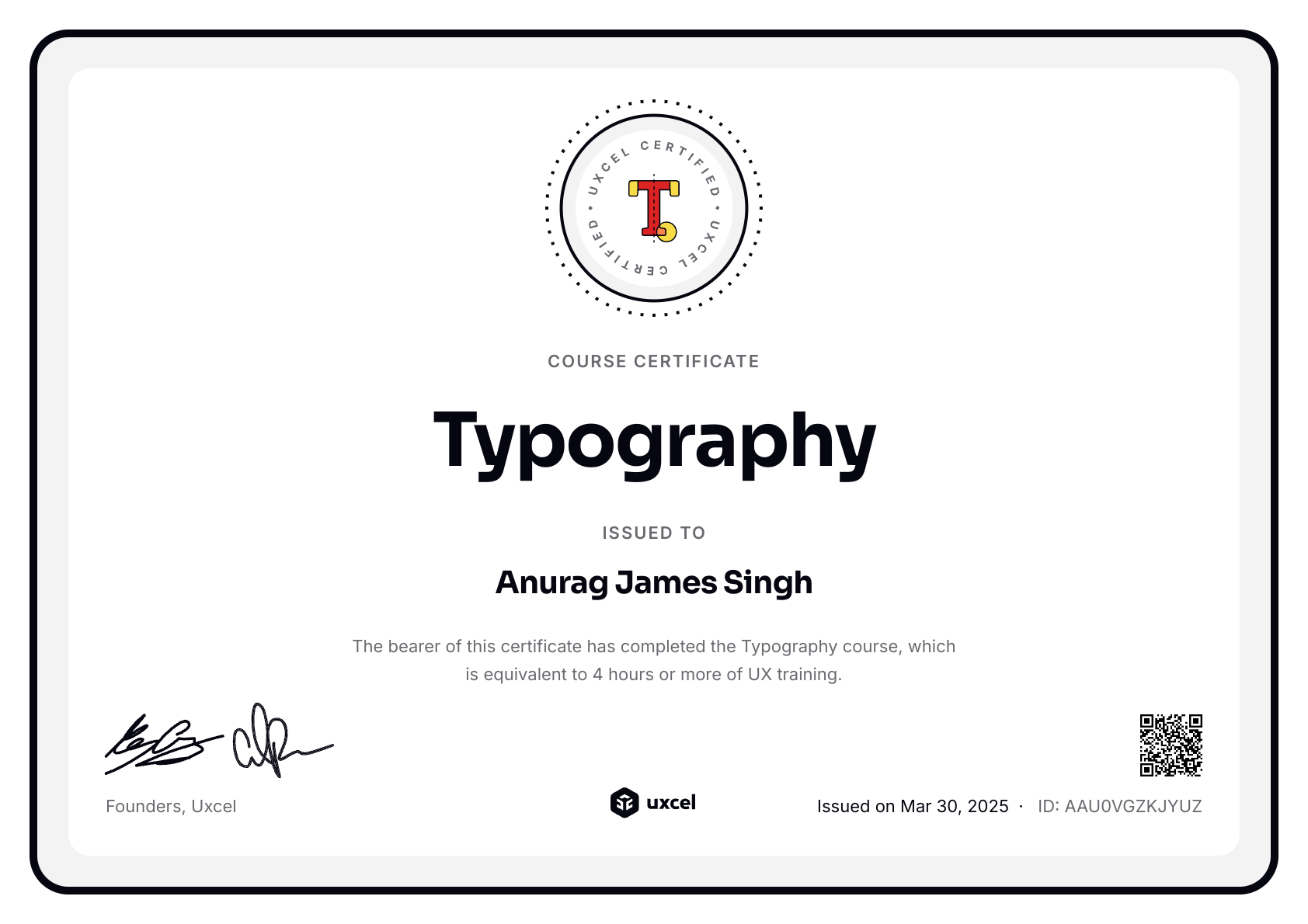 Anurag James Singh's certificate